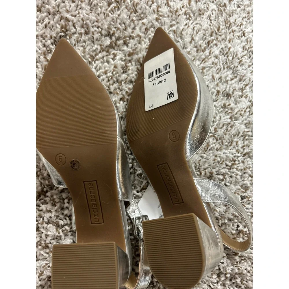 Liz Claiborne Womens Silver Metallic Slingback Block Heel Pointed Toe Pumps 6M